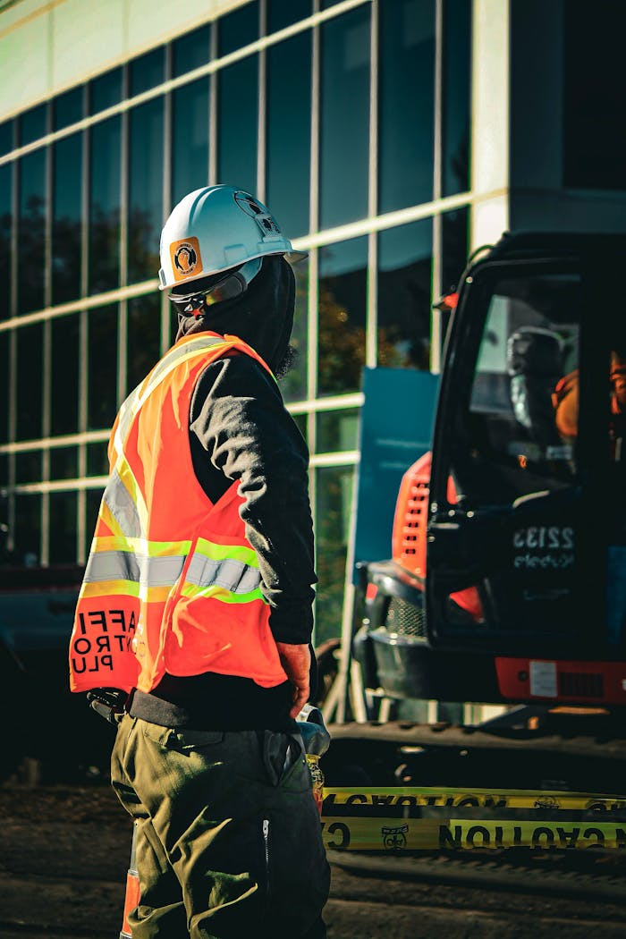 Construction worker in safety gear at an urban site in Ontario, Canada.